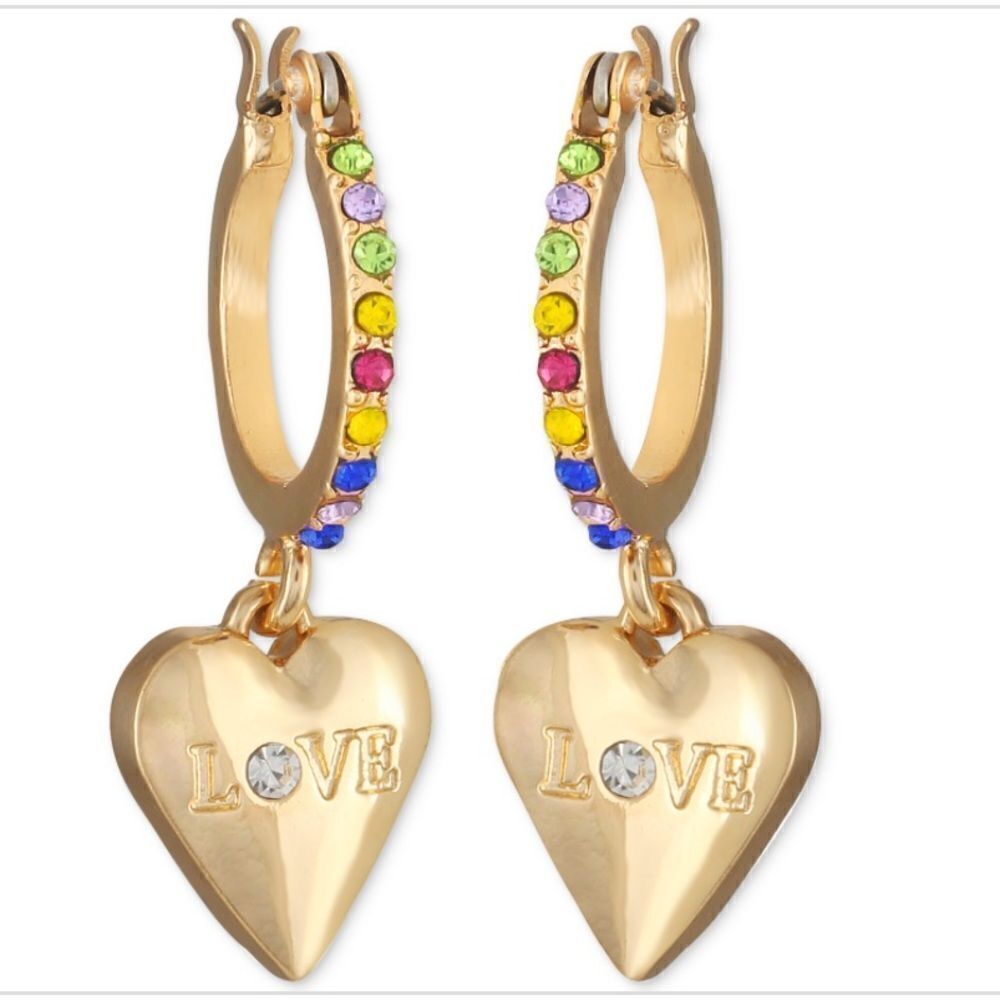 Guess Gold-Tone Crystal Love Heart Drop Hoop Earrings, 0.62 - Gold